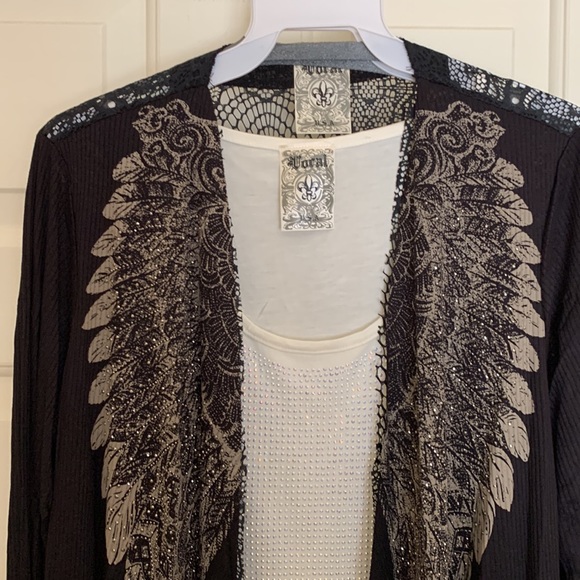 NWT VOCAL black & gold/taupe rhinestone & lace cardigan size small. Gorgeous! - Picture 9 of 9